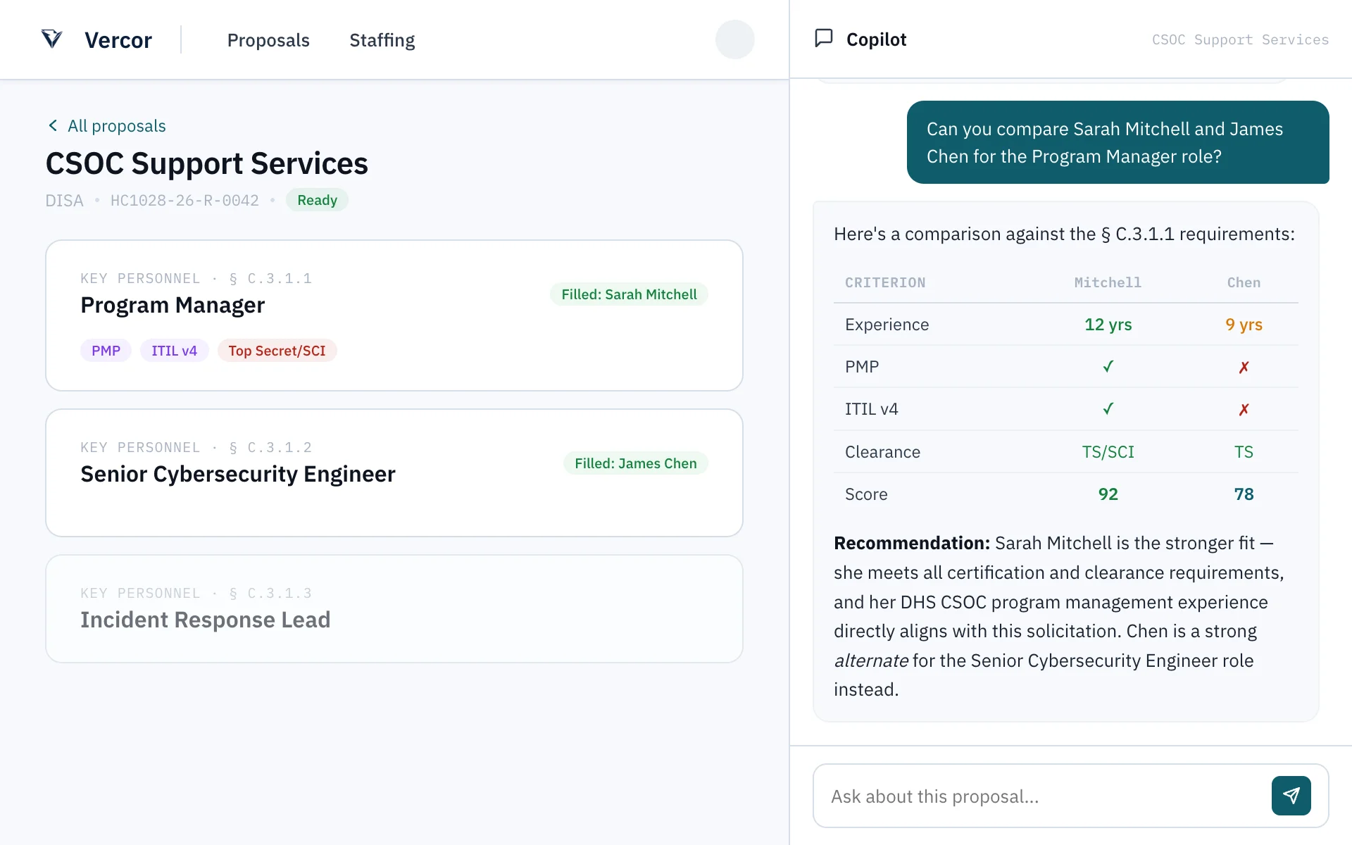 Vercor Copilot comparing candidates for a staffing requirement alongside the project view